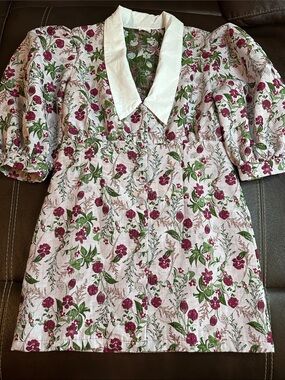 Aureum Floral Puff-Sleeve Dress with White Collar Size L